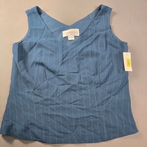 Nygard Collection Petite Women Blue Pinstripe V-Neck Sleeveless Shell Blouse Top